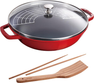 Staub - 12" Cast Iron Wok with Glass Lid Cherry Red (30 cm) - 40511-345