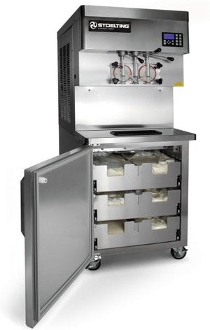 Stoelting - 208-240V 1 Phase Water Cooled Pressurized Twin-Twist Soft Serve and Frozen Yogurt Freezer With Refrigerated Mix Storage Cabinet and Side Handles - U431-18I2