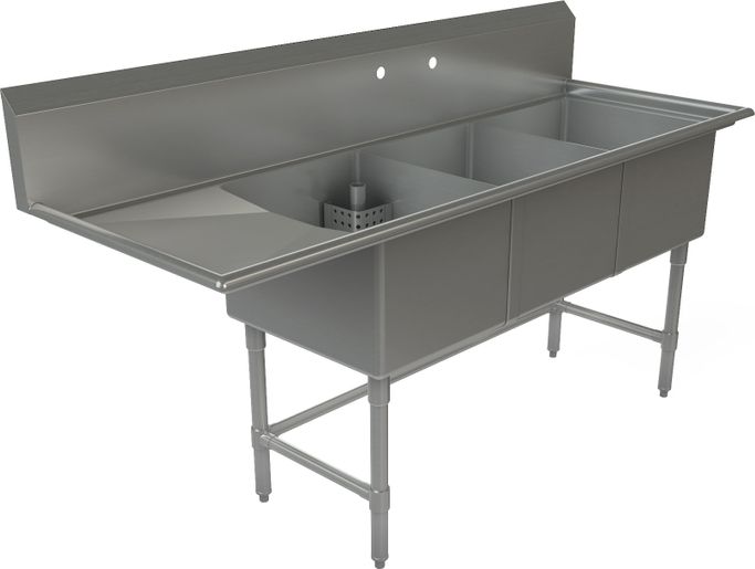 Tarrison - 75" 16 Gauge Three Compartment Sink with Left Drainboard - TA-CDS318L16-KIT