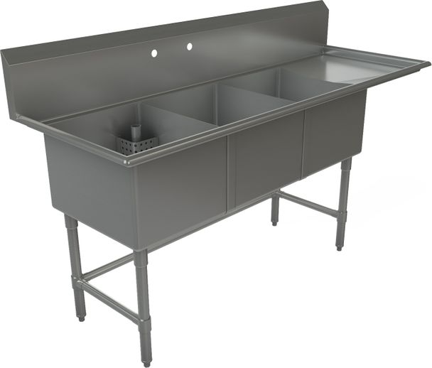 Tarrison - 75" 16 Gauge Three Compartment Sink with Right Drainboard - TA-CDS318R16-KIT