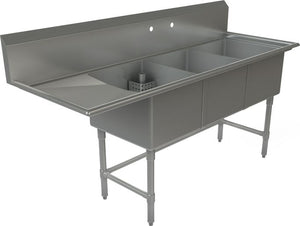 Tarrison - 75" 18 Gauge Three Compartment Sink with Left Drainboard - TA-CDS318L-KIT