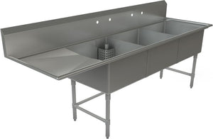 Tarrison - 99" 16 Gauge Three Compartment Sink with Left Drainboard - TA-CDS324L16-KIT