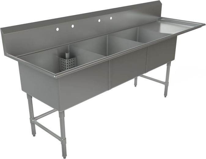 Tarrison - 99" 16 Gauge Three Compartment Sink with Right Drainboard - TA-CDS324R16-KIT