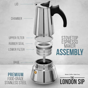 The London Sip - 10 Cup Black Stainless Steel Stovetop Espresso Coffee Maker - EM10B