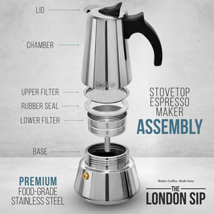 The London Sip - 10 Cup Silver Stainless Steel Stovetop Espresso Coffee Maker - EM10S