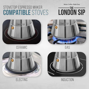 The London Sip - 3 Cup Silver Stainless Steel Stovetop Espresso Coffee Maker - EM3S