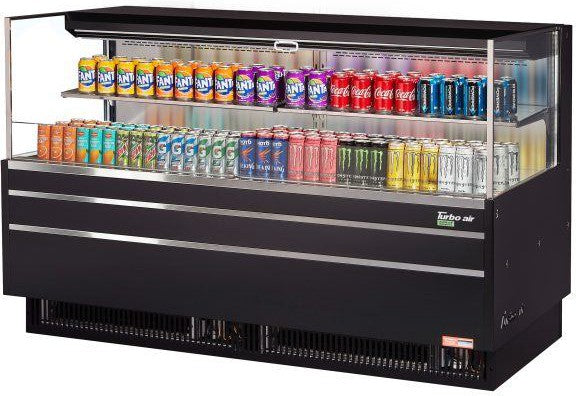 Turbo Air - 70.75" Black Low Profile Horizontal Open Display Merchandiser with Glass Side Panel and 1 Shelf - TOM-72L-UF-B-2S