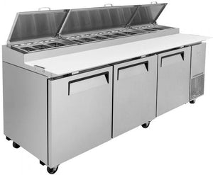 Turbo Air - 93" Super Deluxe Refrigerated Pizza Prep Table with 3 Solid Doors - TPR-93SD-N