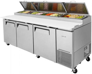 Turbo Air - 93" Super Deluxe Refrigerated Pizza Prep Table with 3 Solid Doors - TPR-93SD-N