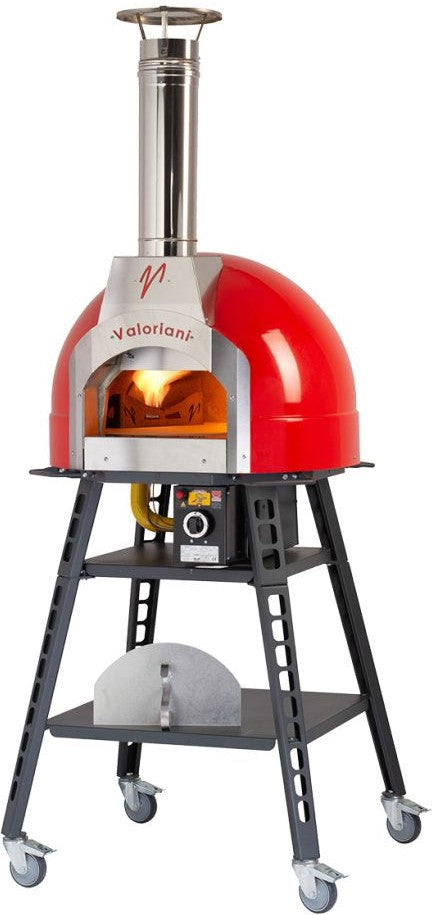 Valoriani - Baby 60 Wood & Gas Fired Pizza Oven with Red Metal Dome, Stand, and Casters - 48144